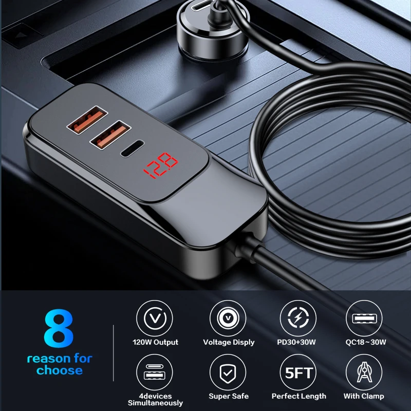 Multi USB Port PD 3.0 120W Car Charger Extension Cord 1.5M Cable For iPhone Rear Back Seat Clip Vehicle Quick 30W Car Adapter