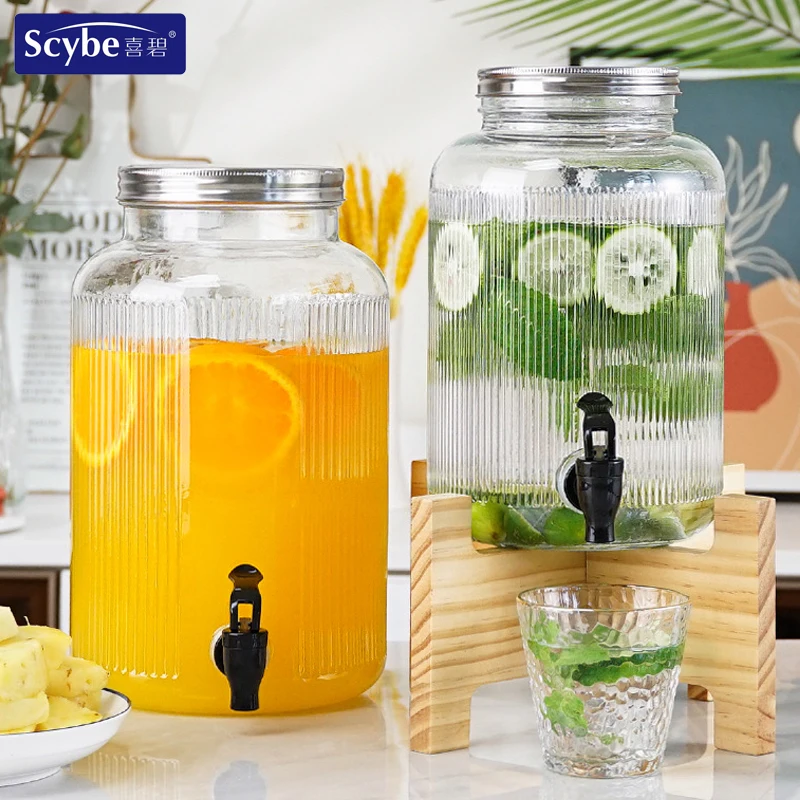 Wholesale Large Glass Jar Big Volume Vertical Ribbed Drink Beverage juice Dispenser with Spigot Tap for buffet