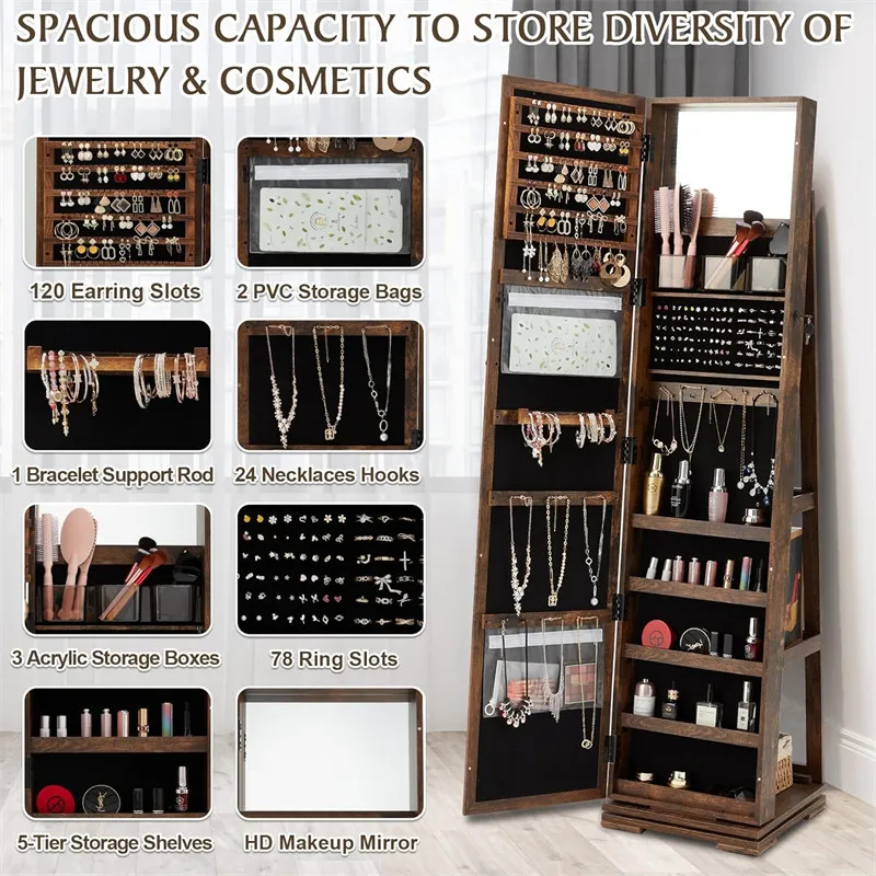 Antique Stand Alone Rotating Jewelry Storage Armoire Cabinet Organizer With Full Length Mirror 360 Swivel