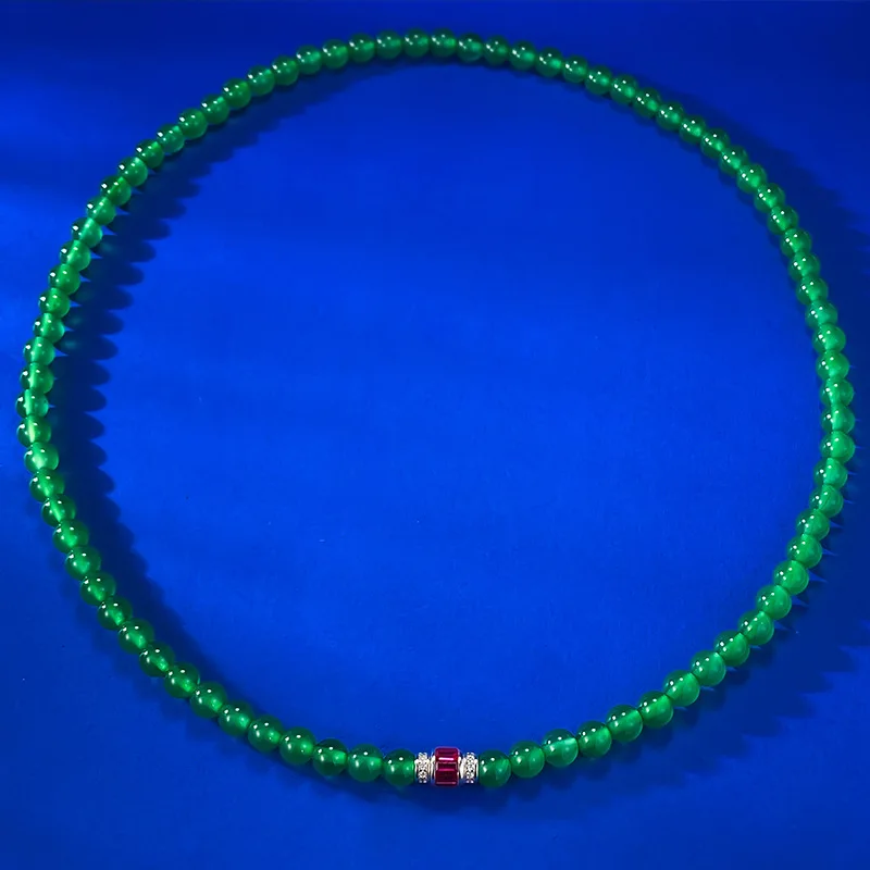 Chalcedone Beads String Ice Imperial Green Silver Inlaid Pendant With 6mm Full String Necklace 50cm