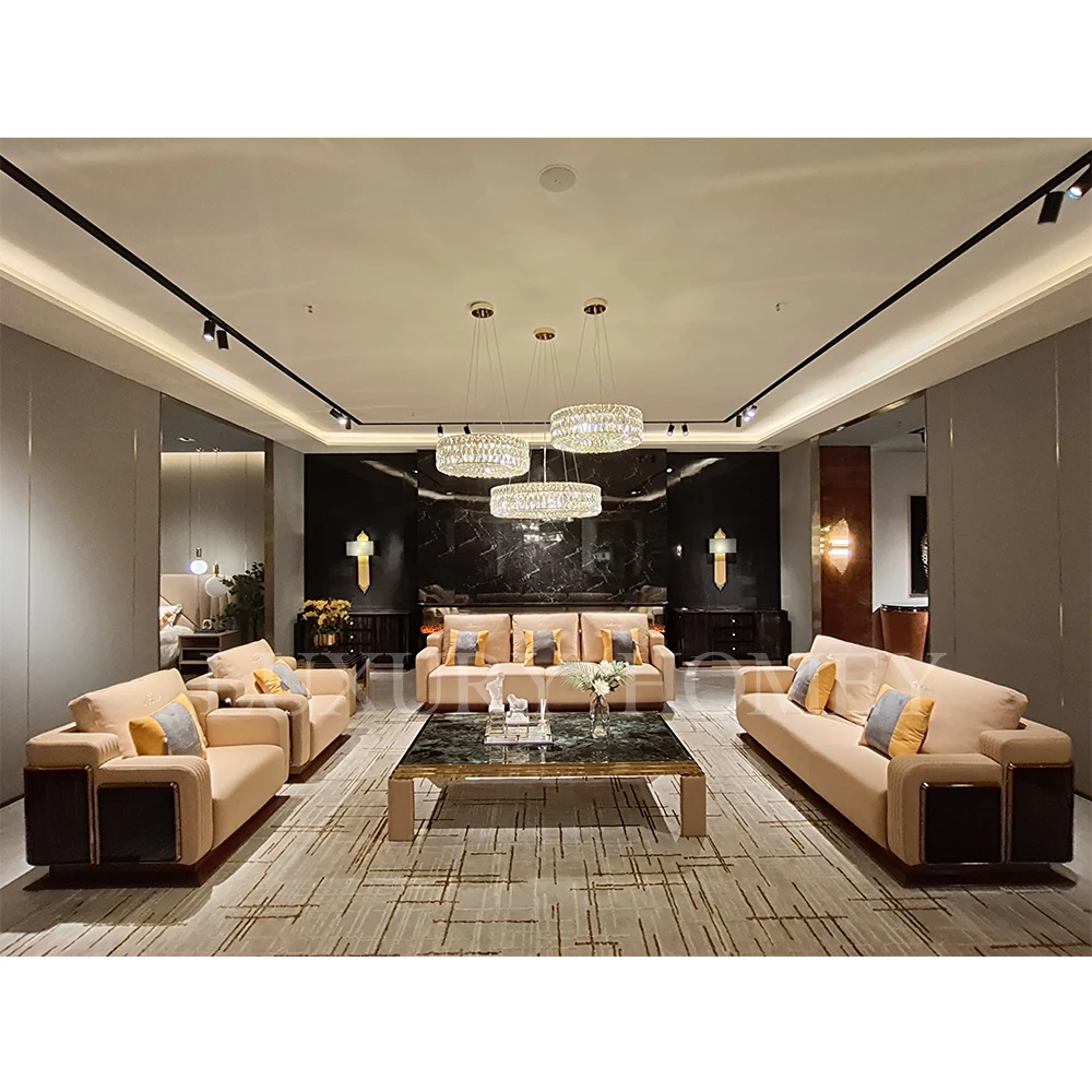 High Quality Italian Design Wooden Veneer Frame Leather Sofa Luxury Furniture Sofa Set 6 7 8 9 Seater Sofa Set For Home