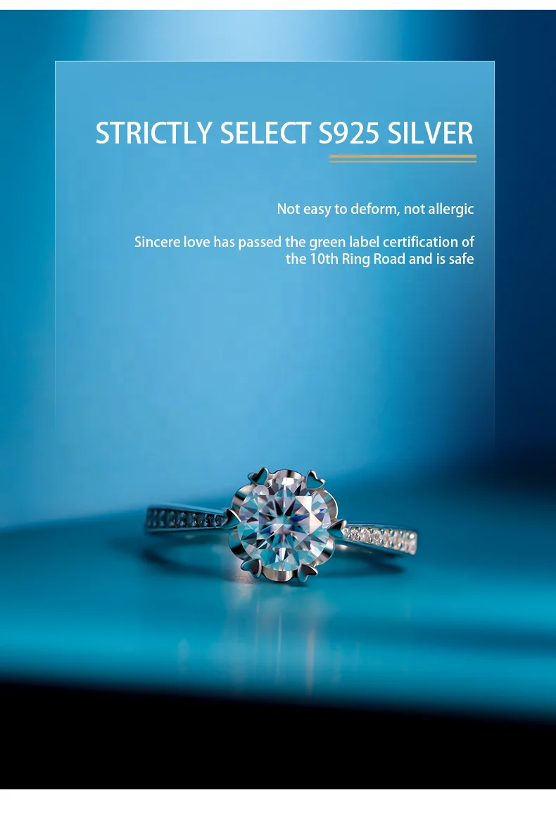 Hot Selling White DEF Color 925 Silver Stunning 1ct Gem Stone Moissanite Jewelry Ring