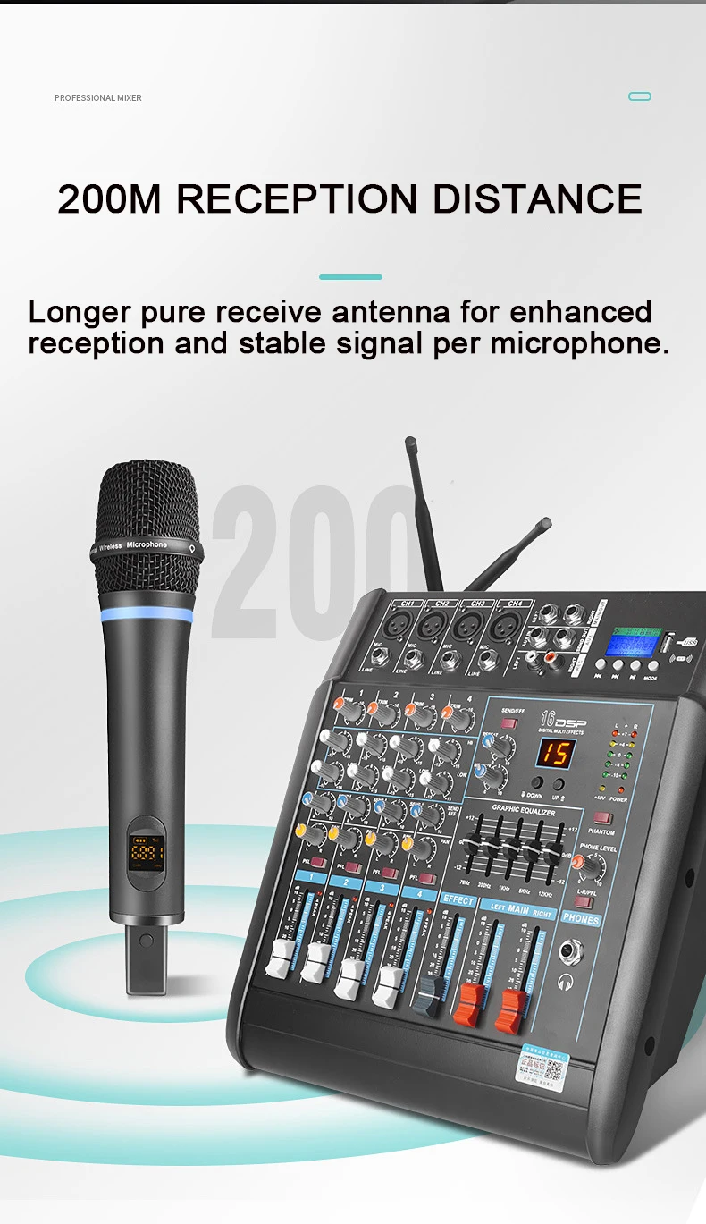 XTUGA LS04 Professional 250W Audio Power Amplifier With Rechargeable 2 Wireless Microphones 6 Channel powered audio mixer