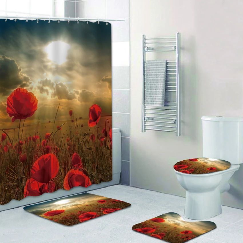 4 Piece Shower Curtain Sets Gold rose with Non-Slip Rug Toilet Lid Cover and Bath Mat Flower Bathroom Decor Accessories