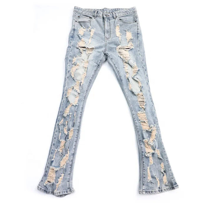 Custom Streetstyle Slim Fit Denim Jeans Ripped Holes Hip Hop Jeans for Mens Straight Fit Destroy Washed Jeans