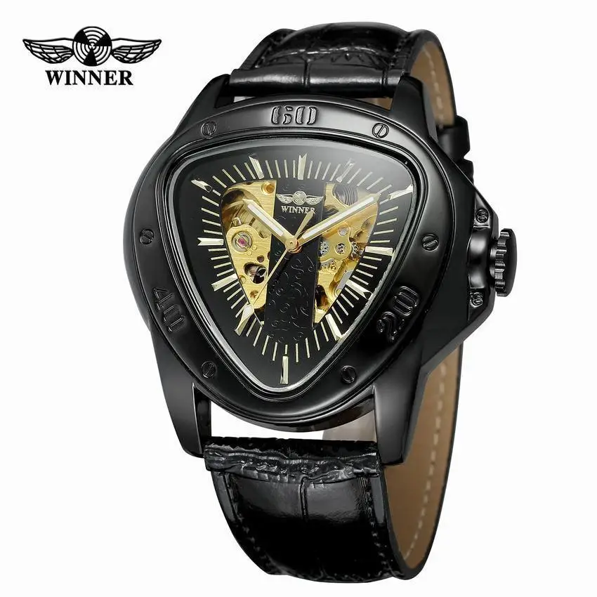 Winner Top Brand Luxury Full Black Unique Triangle Dial Design Luminous Hands Sport Clock Male Mechanical Automatic Watches