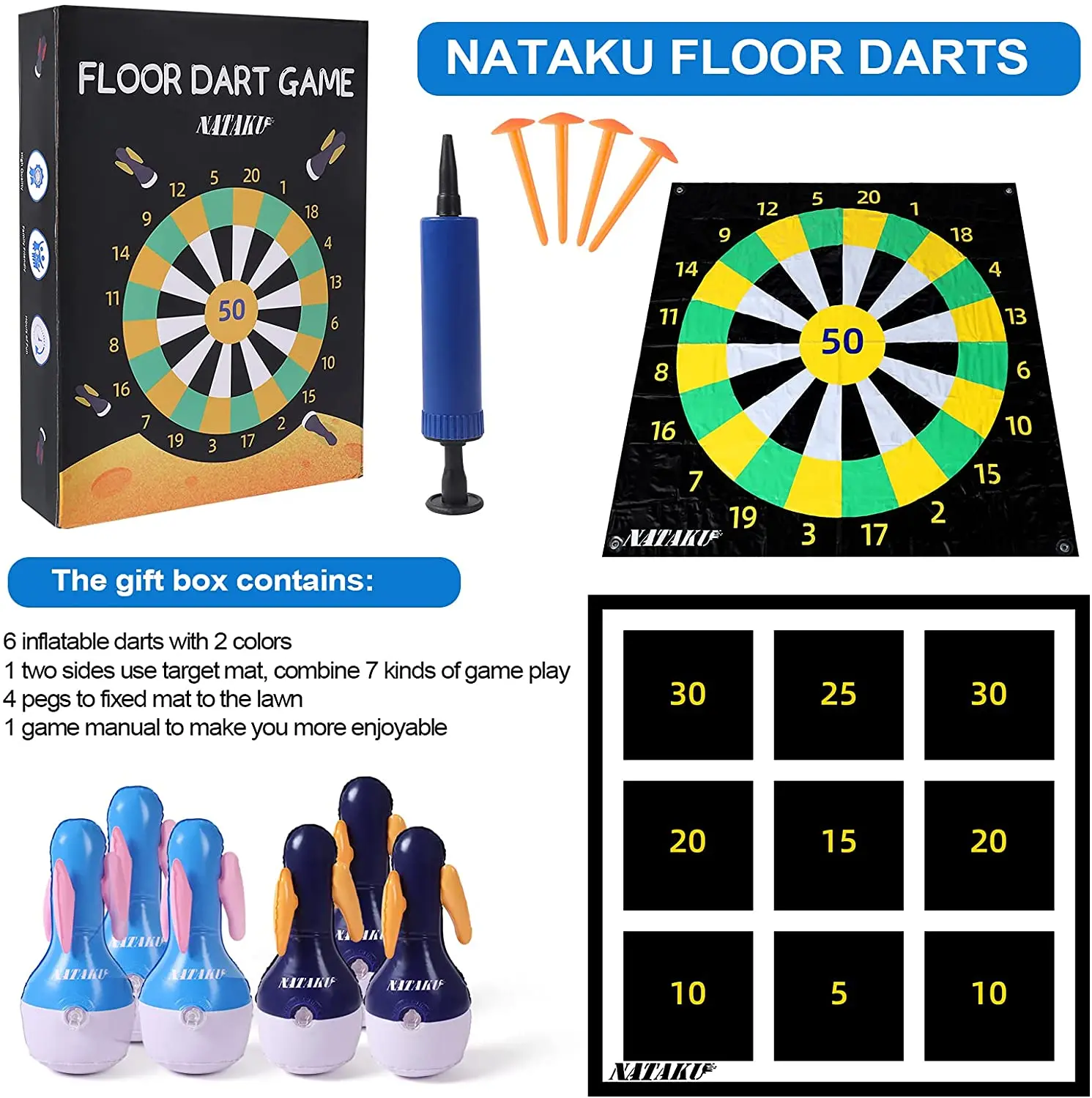 Family Indoor Game Set Outdoor Lawn Game Giant Tic Tac Toss Yard Game Double-Sides Play mat with 6 Inflatable Tumbler Darts