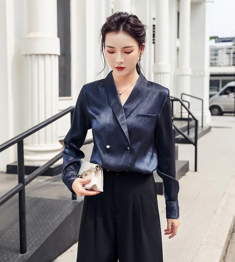 
2020 Wholesale Latest Design French Suit V-neck Satin Long-sleeved Design Shirts Women Western Style Office Wear Blouses 