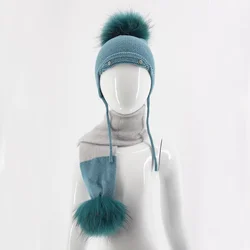 Winter Baby A Set of Hat and Scarf with Double Fur Pompom for Children two pieces Braid Hat