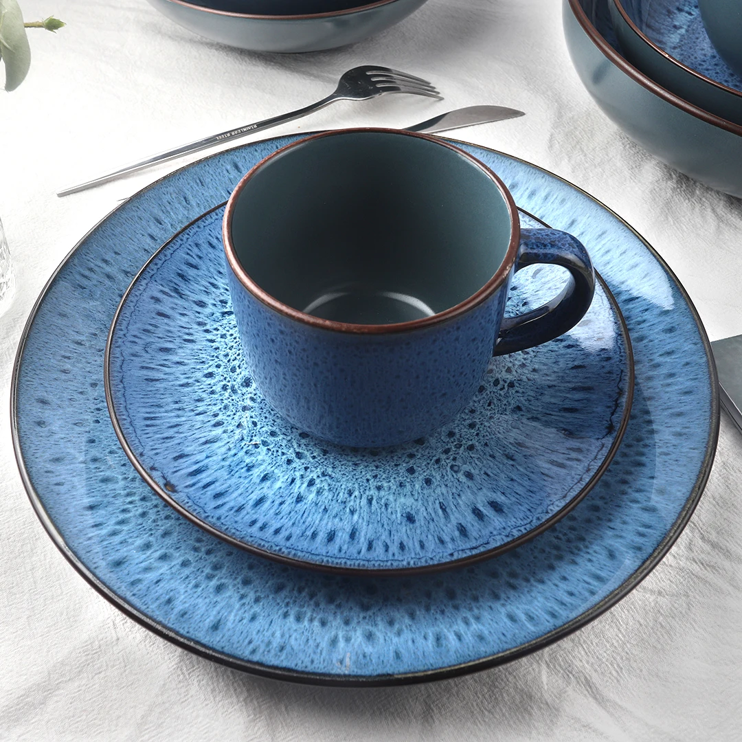 Matte Color Green Blue Black Reactive Glazed Ceramic Stoneware Dinnerware Sets Antique Crockery Rustic Stone Dinner Sets
