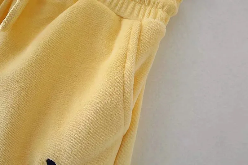 
Aproms Yellow Velvet Crop Top and Shorts Women 2 Pieces Set Summer Embroidery Cami Draw 