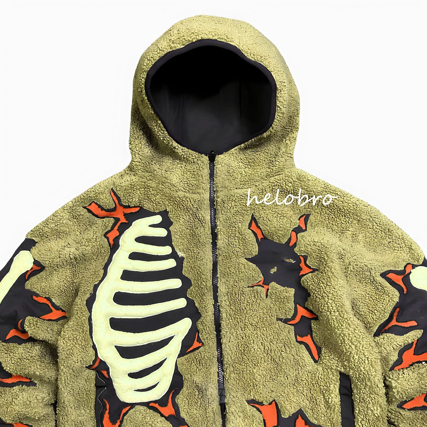 Custom heavyweight winter thick Fluffy color Distressed Applique Patch Embroidered hoodie sherpa jacket pocket warm solid hoodie