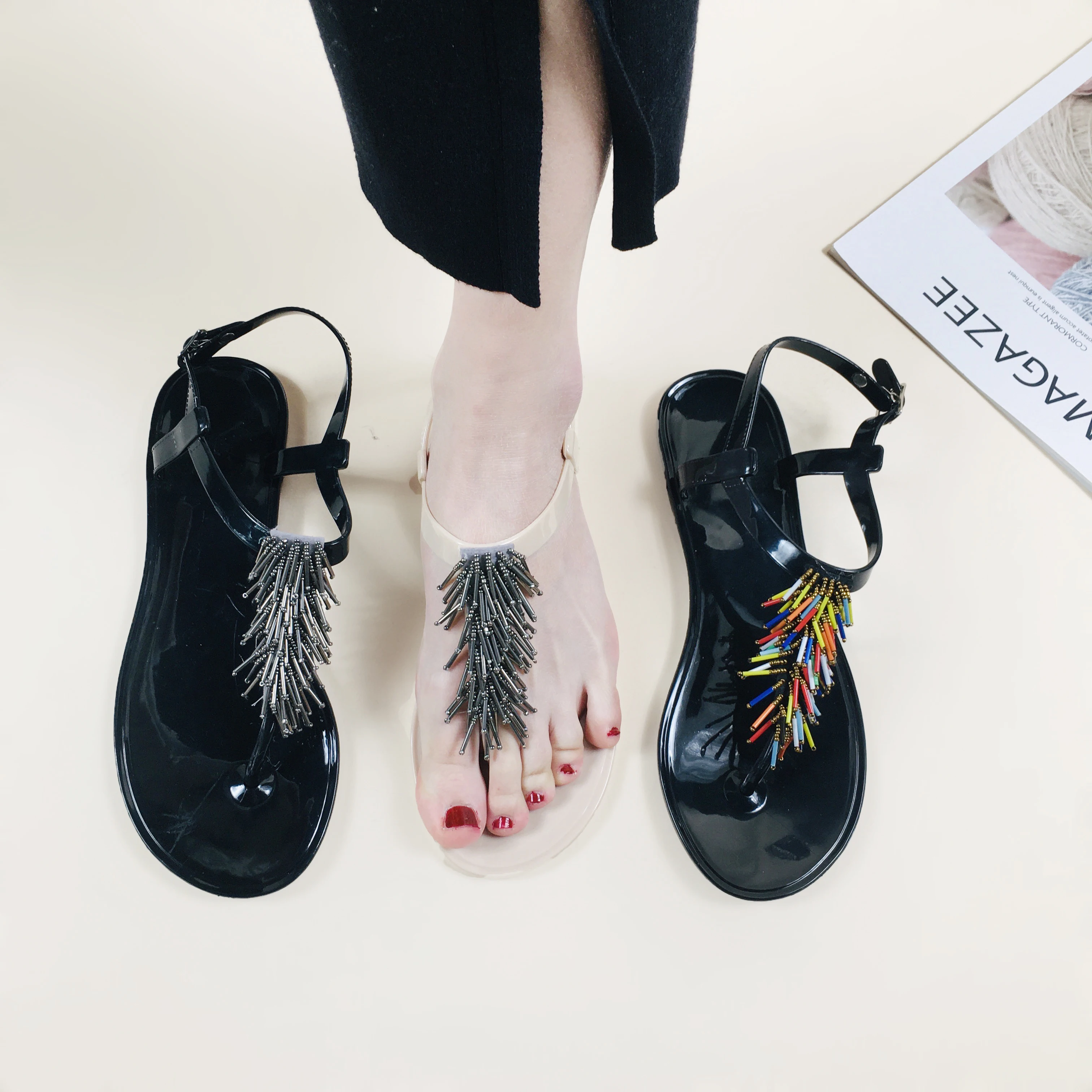 2022 Summer Custom Pudding Sneaker Rhinestones Wholesale Luxury Beach Platform Pearl Pvc Flat Handmade beaded Jelly Shoes