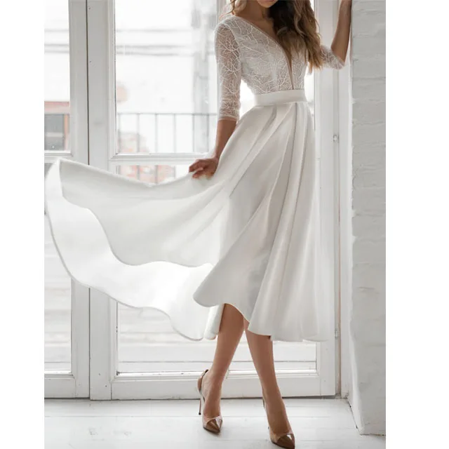 Latest satin long sleeve embroidered  V-neck open back lace bridal wedding dress