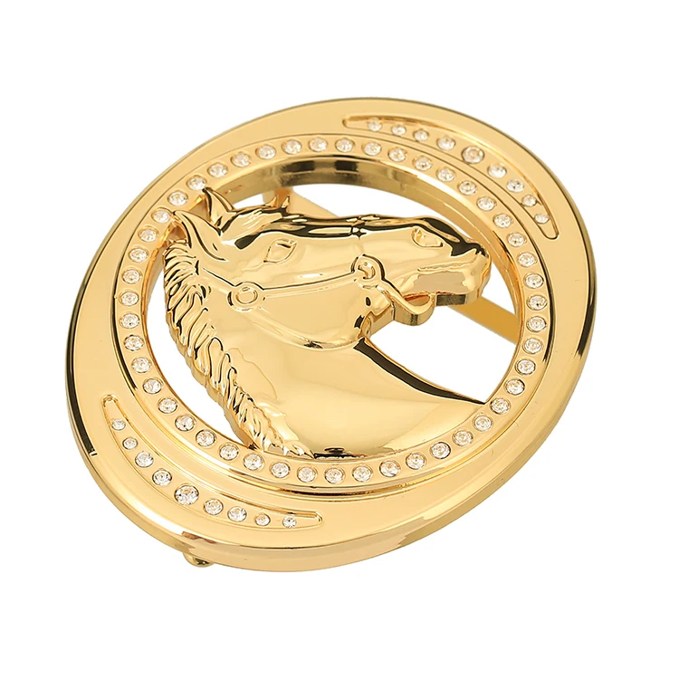Luxury Custom 68MM Rhinestones Alloy Metal Engraved Gold Horse Belt Buckle