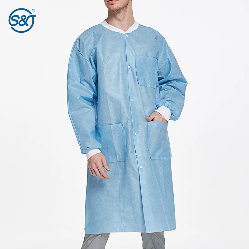 SJ Disposable Lab Coats Adult 10 Pack Medical SMS 45 GSM Painting Lab Coat with Cuffs Collar and Plastic Snaps