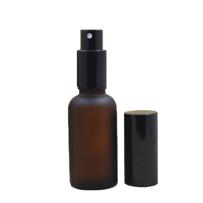 Wholesale empty frosted amber glass essential oil perfume bottles with black Fine Mist Atomizer sprayer 10ml 30ml 50ml 100ml