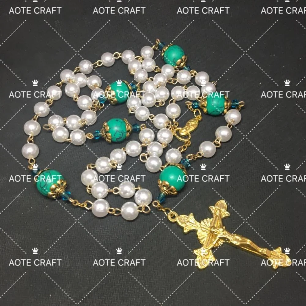 Wholesale 8mm white plastic pearl beads with green turquoise women jewelry 14k gold catholic cheap rosary