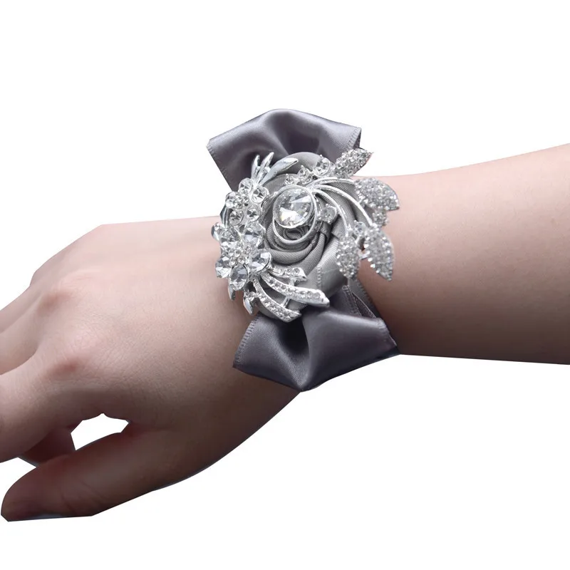 Wedding Prom Wrist Flower Artificial Rose Silk Ribbon Bracelet Bride Bridesmaid Boutonniere Groomsmen Wedding Corsage