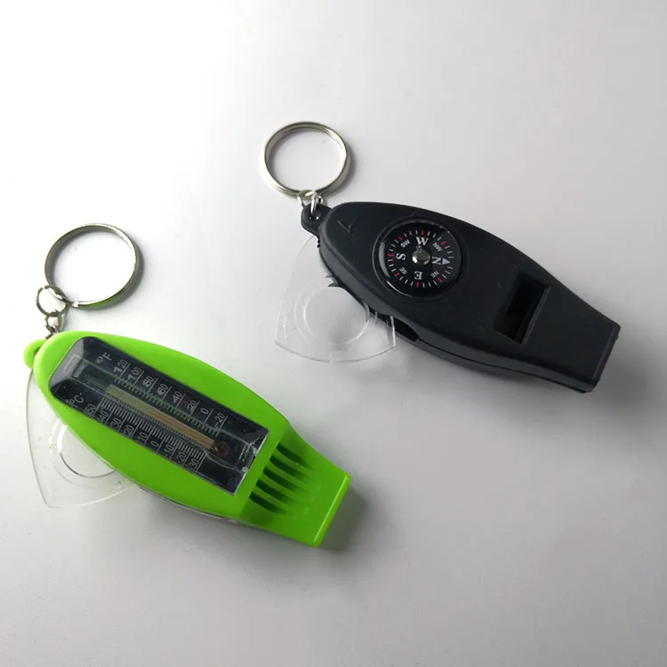 Factory direct supply 5 in 1 outdoor whistle compass multifunctional keychain thermometer magnifying glass orientation
