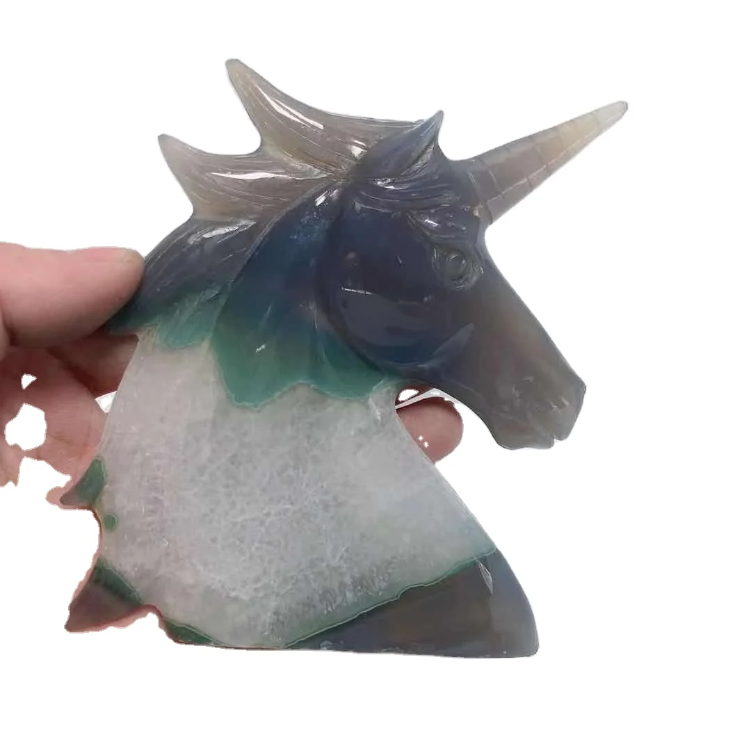 
Wholesale Folk Crafts Crystal Blue Lace Agate Geode Unicorn Hand Carved Crystal Animals For Halloween Decoration 