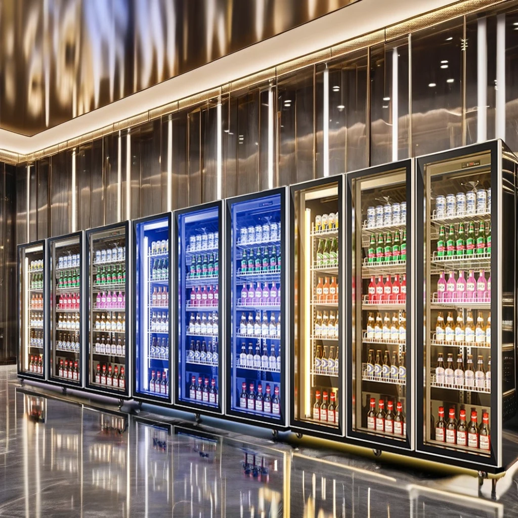 Supermarket shopping mall black and white full screen glass door upright beverage display refrigerator wine display chiller