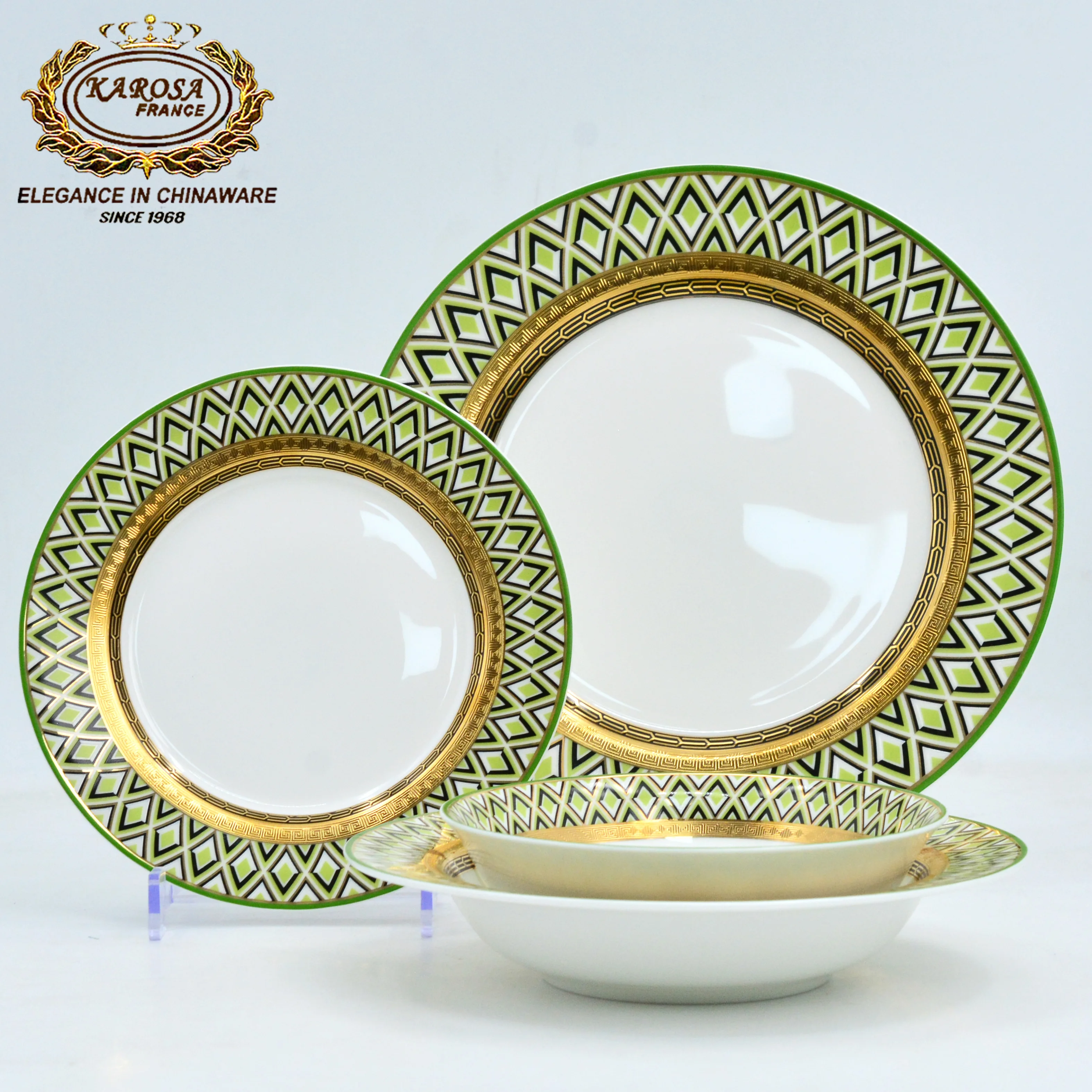 24pcs European elegant green color bone china porcelain gold rim royal dinner dish plate dinnerware luxury bowl sets