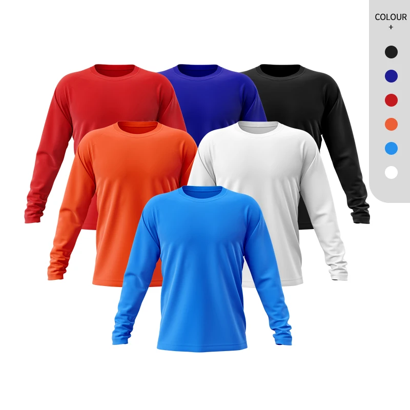 100% Polyester Long Sleeve Dryfit Crewneck Mens Sport Shirt Custom Logo Solid Color Blue Shirt For Men