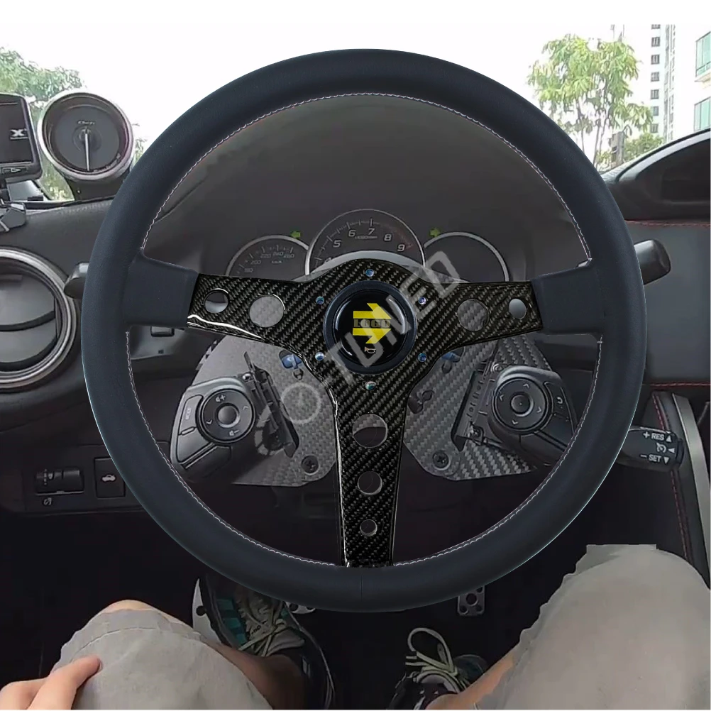 345mm/13.58inch JDM Racing Prototipo Style 6-Bolt Carbon Fiber Spoke Black Leather Steering Wheel With Logo Horn Button
