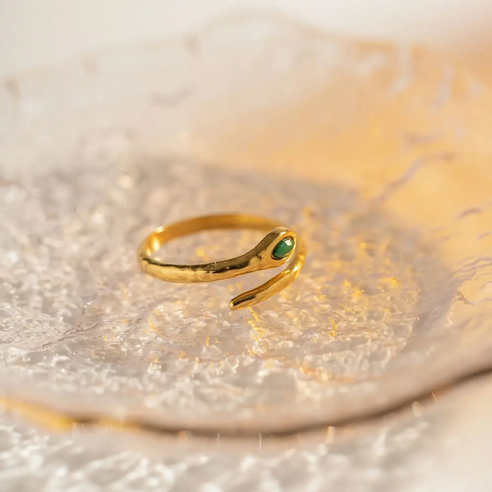 18K Gold Plated Stainless Steel  Jewelry Charm Green  Natrual Stone Snake Shaped Opening Rings