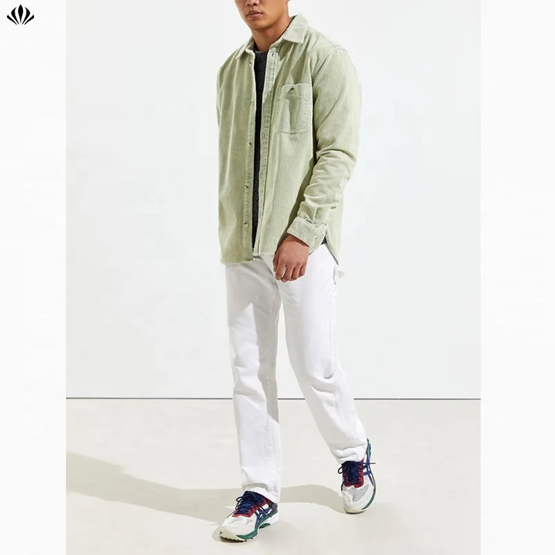 Solid Color Slightly Oversized Long Sleeves Cotton Corduroy Pointed Collar Workshirt Jacket for Men
