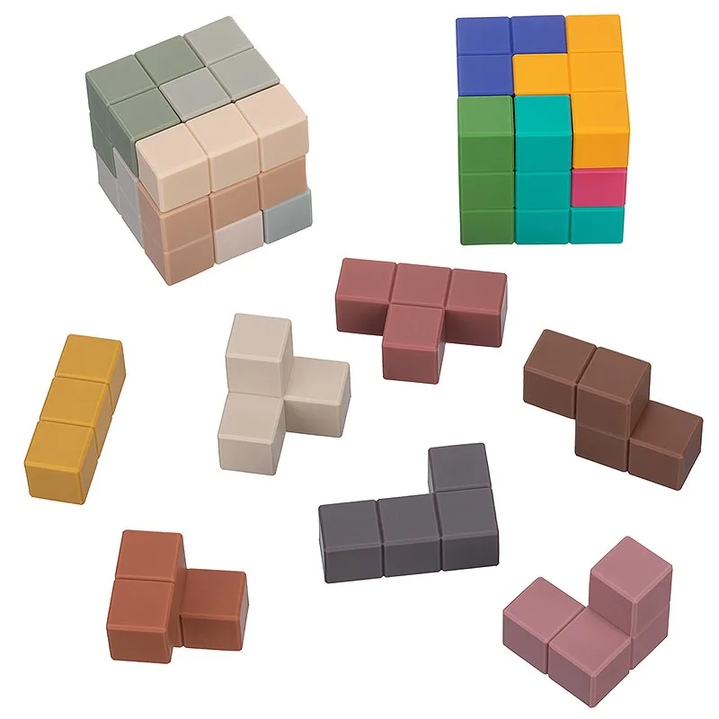 Magic OEM ODM 7pc Cube Shape Bpa Free Food Grade Silicone Stacking Toy ECO Baby Molar Teething Teether Toys