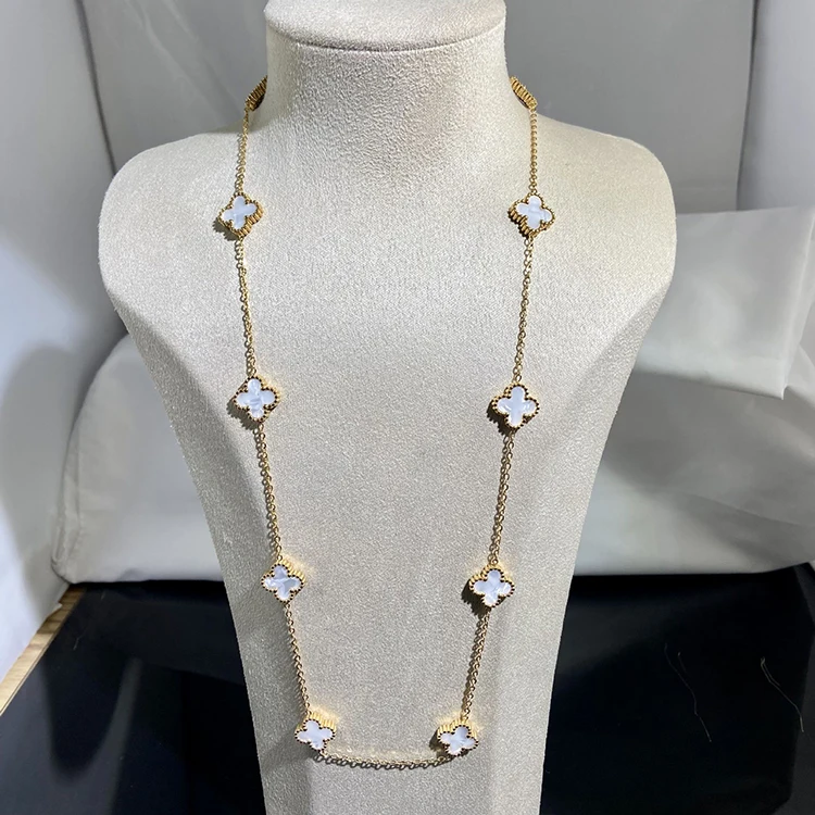 10pcs Gold Plated Charm Stainless Steel Lucky Four Leaf Clover Long Necklace for Women