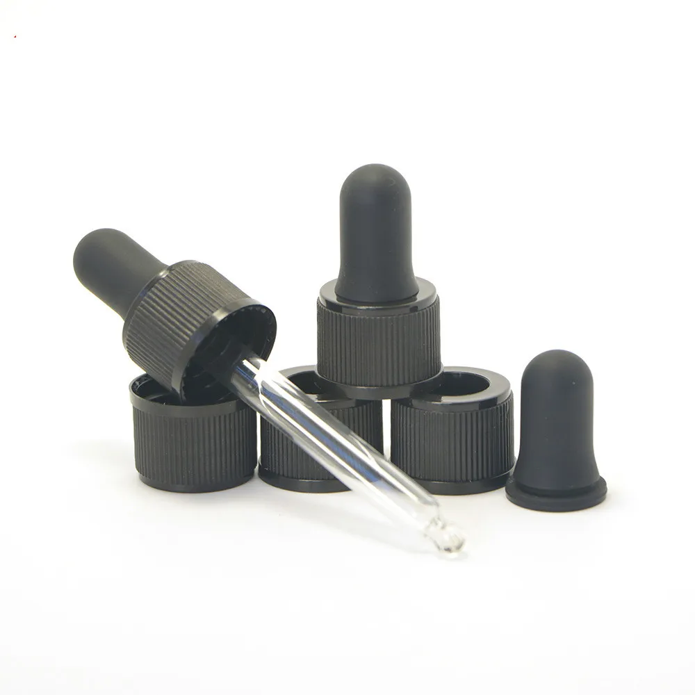 Essential glass bottle cap not assembled plain black 18mm neck dropper cap with glass pipette