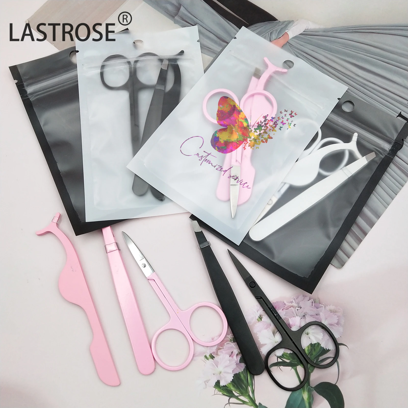 private label pink lashes scissors eyebrow tweezers eyelash applicator set,private logo stainless steel 3pcs lash tweezer kit