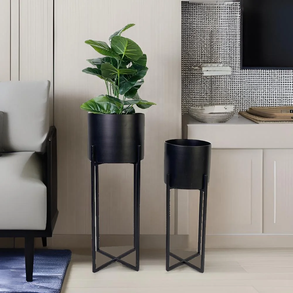 Lander Set of 2 modern minimalist industrial Black Metal Plant Stands with Pots Indoor Outdoor Decorative Metal Flower Pots