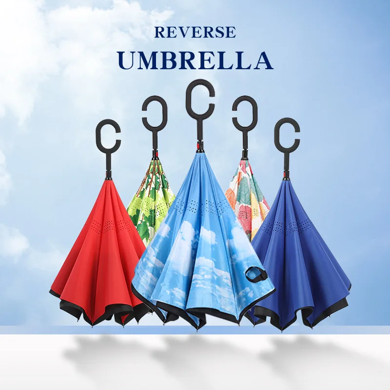 ZD087 Self Stand Upside Straight Bumbleshoot Large Double Layer Reverse Long Parasol Big C Type Handle Car Inverted Umbrella