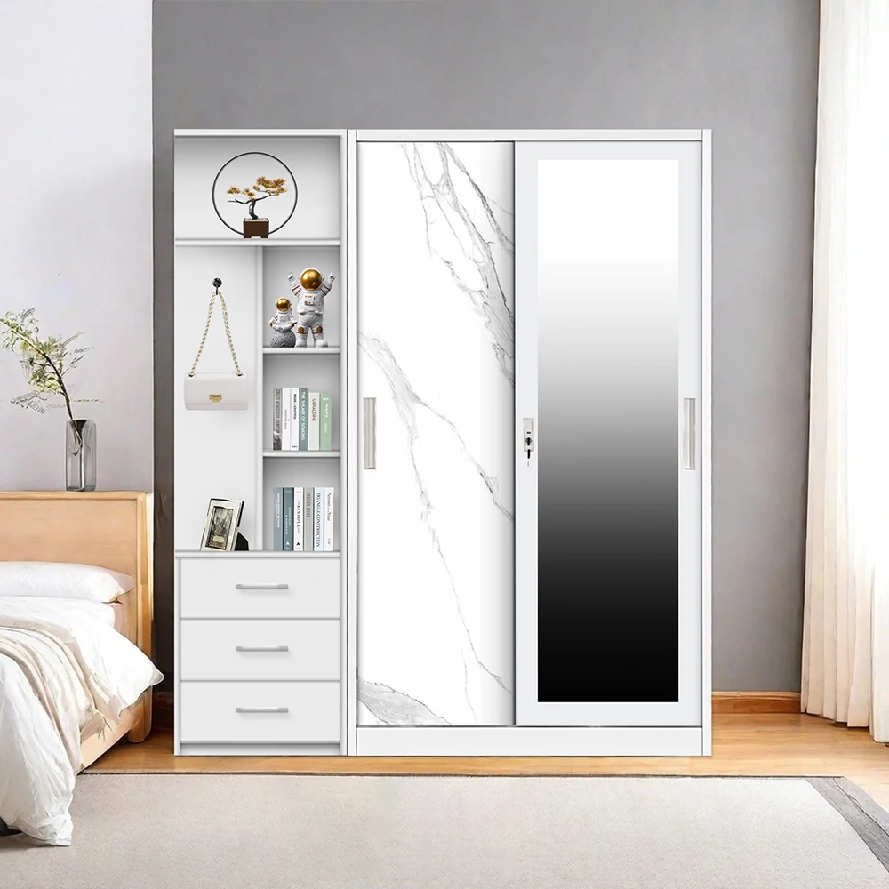 Wholesale price light luxury 2 steel sliding door wardrobe with mirror hot selling closet bedroom furniture wardrobes