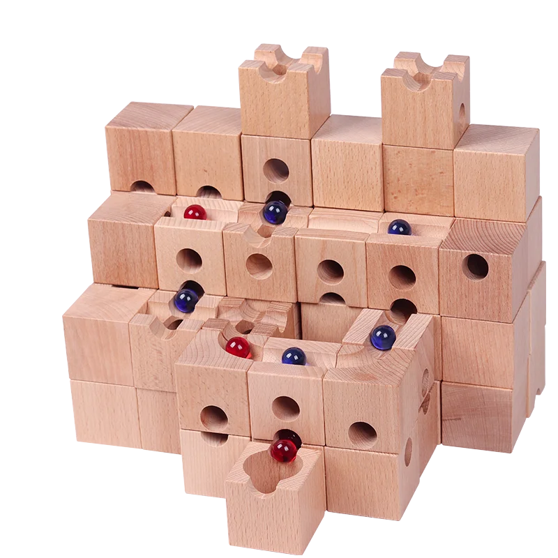 2023 New Montessori DIY Wooden Building Block Marble Run Toy For Toddler Kids Adults