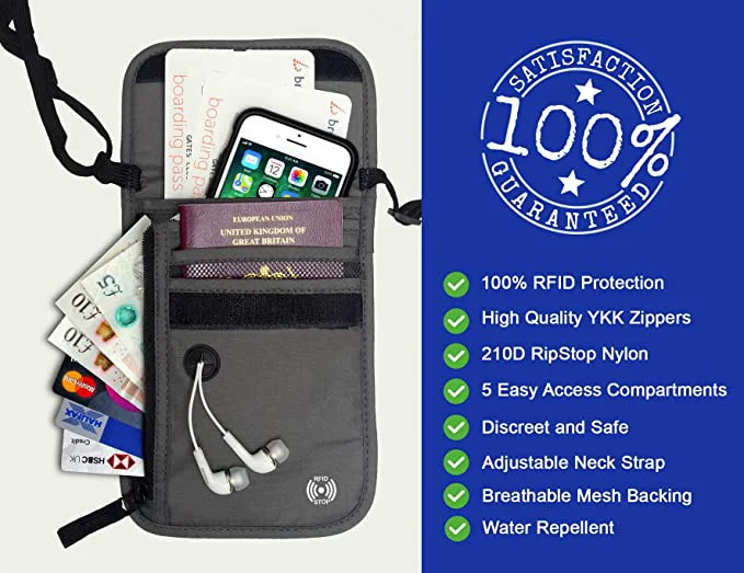 FREE SAMPLE Custom Waterproof Flat Secure RFID Blocking Hidden Travel Neck Wallet Stash Pouch