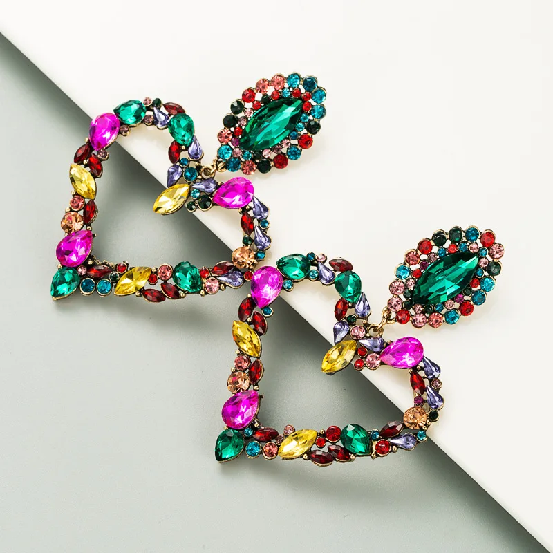 Exaggerated Heart-Shaped Alloy Color Full Diamond Earrings Women Fashion Temperament S925