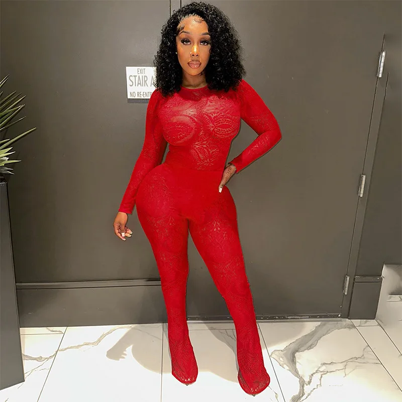 Autumn and Winter New Fashion Lace Hollow Out Perspective One Piece Top and Pants Set