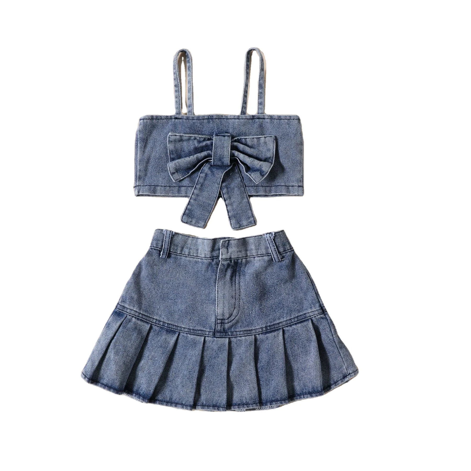 2Piece Summer Kids Boutique Clothes Girls Outfit Sets Fashion Denim Bow Sleeveless Baby Tops Skirt dresses Children Clothing