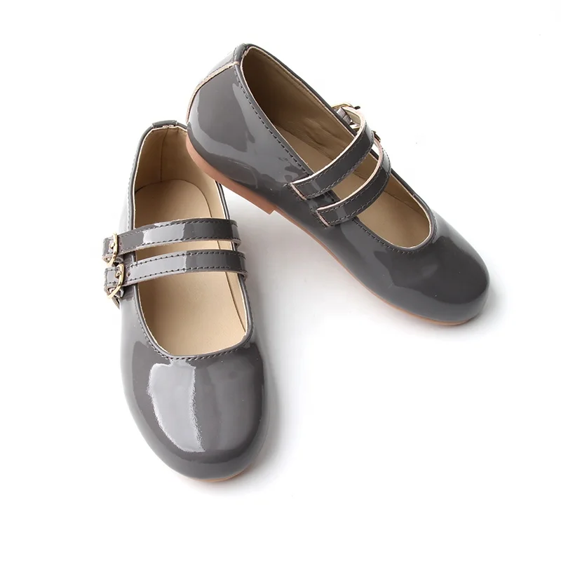 Babyhappy Factory Price Grey Hard Outole Round Toe Smooth Mirror Leather Girl Flat Princess Mary Jane Shoes