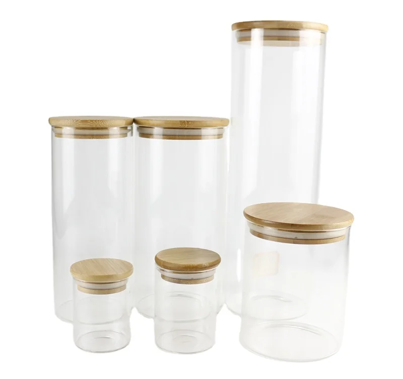 Household High Borosilicate Storage Glass Jars With Sealing Bamboo Lid For Pasta Floor Sugar