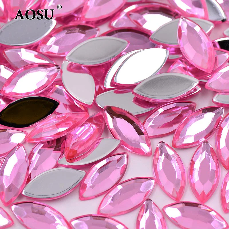 AOSU Wholesale 4*8mm 7*15mm White Crystals Stone Horse Eye Flatback Diamond Acrylic Rhinestones For Garment