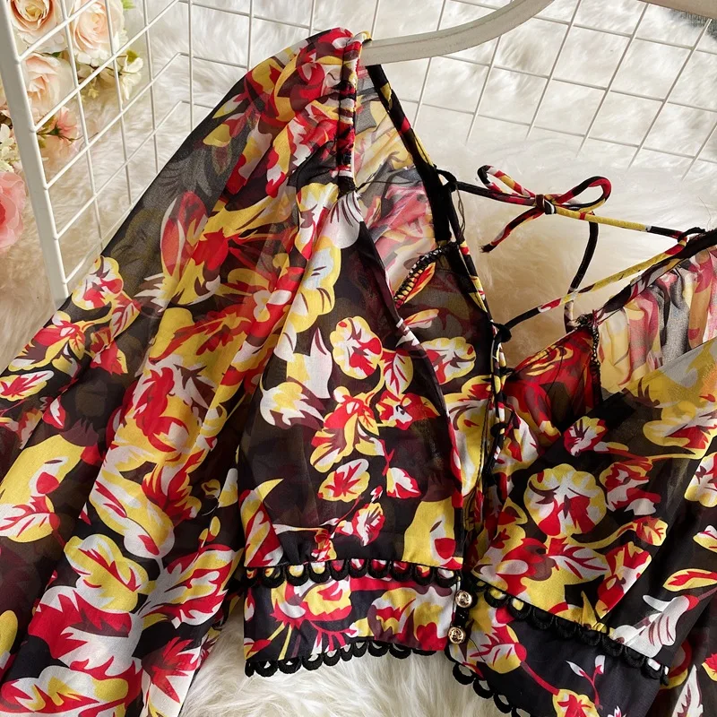 Ensemble deux Sexy en mousseline de soie pour femmes hauts courts + Mini jupevolants nouvelle collection printemps automne sexy