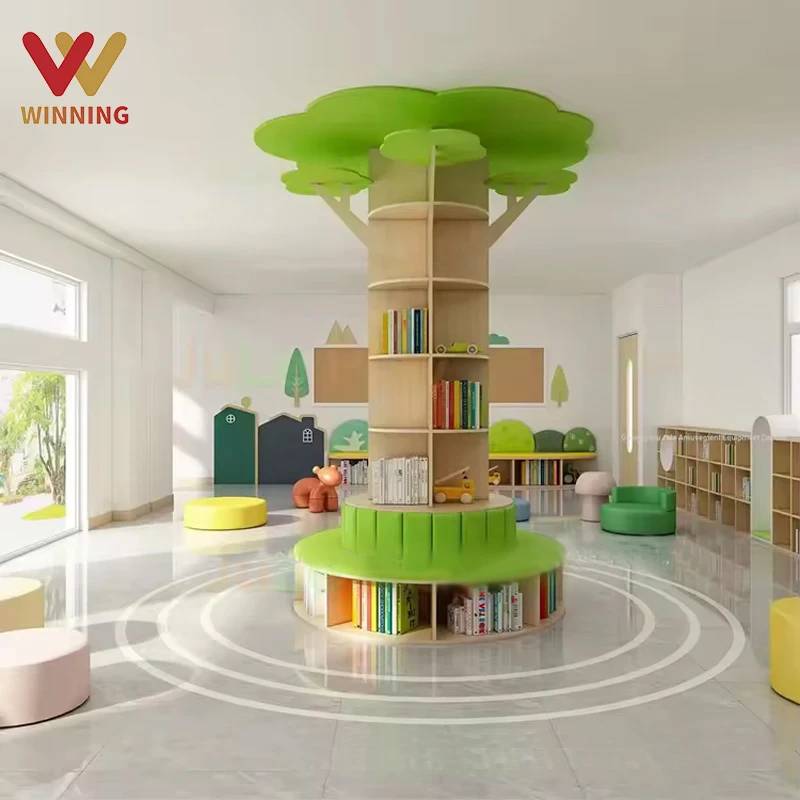 Montessori Preschool Equipment Supplier Kids Reading Room Furniture Set Children Tree Shaped Wooden Bookshelf For Library Design
