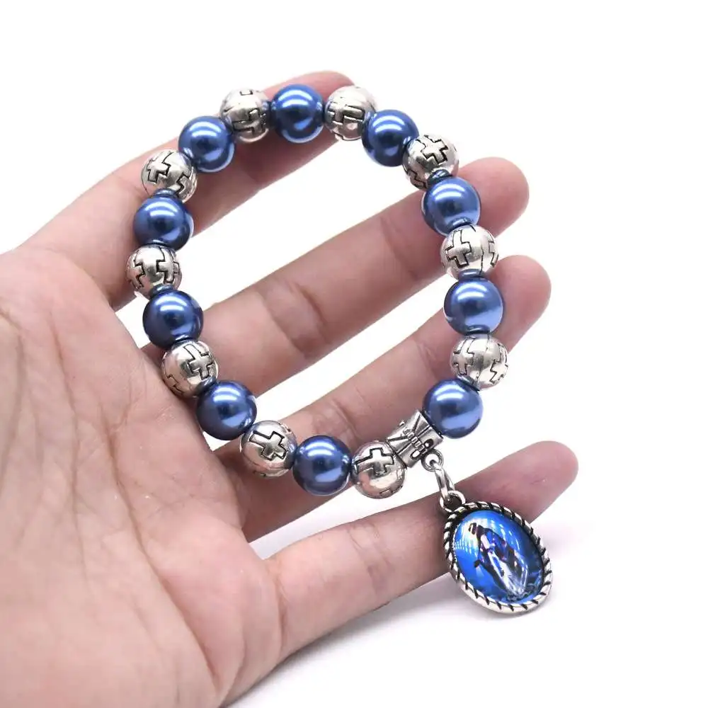 Catholic Rosaries Gift Elastic Rope Rosary Bracelet Cross Beads Pearls for Jewelry Making