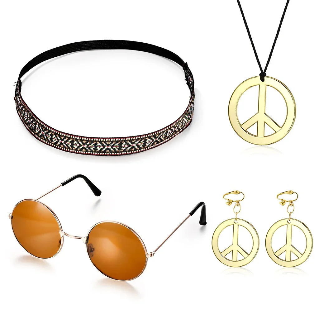 Hippie Accessories Costume,70s Hippie Rainbow Leopard Outfit,Hippie Headbands for Men Peace Sign Necklace Sunglasses
